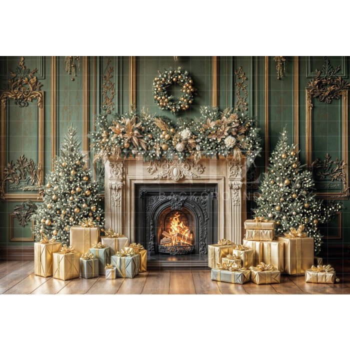 Fabric Photography Background Christmas Fireplace / Backdrop 6444