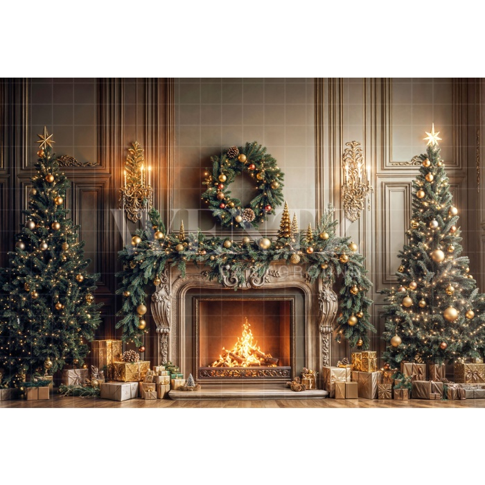 Fabric Photography Background Christmas Fireplace / Backdrop 6461