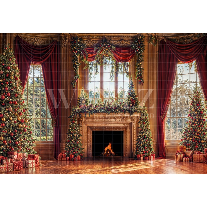 Fabric Photography Background Christmas Fireplace / Backdrop 6472