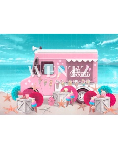 Fabric Photography Background Ice Cream Car on the Beach / Backdrop 2384