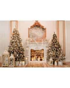 Fabric Photography Background Christmas Room with Fireplace / Backdrop 2468