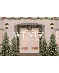 Fabric Photography Background House Facade with Pine Trees Christmas / 2473