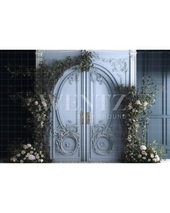 Fabric Photography Background Blue Door with Flowers / Backdrop 2789