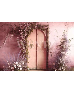 Fabric Photography Background Scenery with Pink Door and Flowers / Backdrop 2813