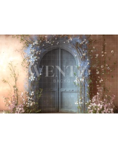 Fabric Photography Background Blue Door with Flowers / Backdrop 2820