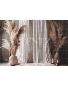 Fabric Photography Background Boho Scenery with Curtains and Pampas Grass  / Backdrop 3069