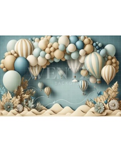 Fabric Photography Background Cake Smash Blue and Beige with Air Balloons / Backdrop 3097