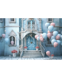 Fabric Photography Background Blue facade with Balloons / Backdrop 3652