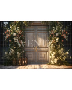 Fabric Photography Background Rustic Door with Flowers / Backdrop 3671