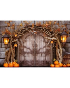 Fabric Photography Background Rustic Door with Pumpkins / Backdrop 3720