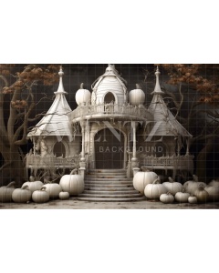 Fabric Photography Background Cabin with White Pumpkins / Backdrop 3749