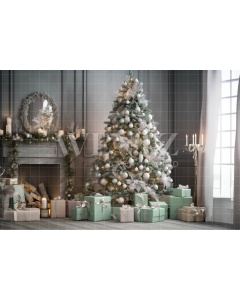 Fabric Photography Background Christmas Room with Fireplace / Backdrop 3825