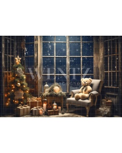 Fabric Photography Background Christmas Room with Teddy Bear / Backdrop 4564