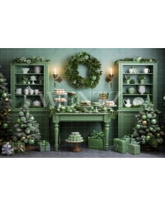 Fabric Photography Background Green Christmas Kitchen / Backdrop 4597