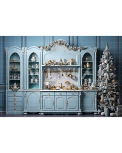 Fabric Photography Background Blue Christmas Kitchen / Backdrop 4598