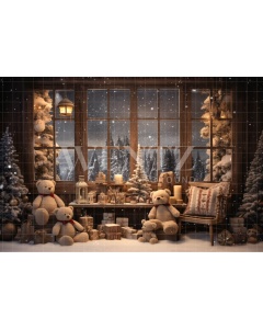 Fabric Photography Background Christmas Room with Teddy Bears / Backdrop 4599