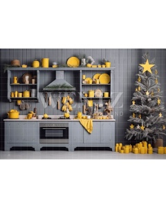 Fabric Photography Background Grey and Yellow Christmas Kitchen / Backdrop 4666