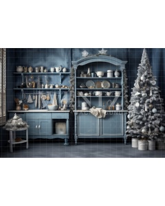 Fabric Photography Background Blue Christmas Kitchen / Backdrop 4677