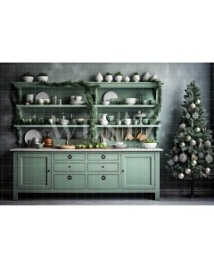 Fabric Photography Background Green Christmas Kitchen / Backdrop 4685