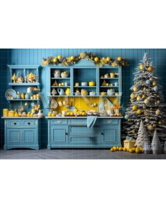 Fabric Photography Background Blue and Yellow Christmas Kitchen / Backdrop 4688