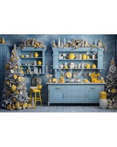 Fabric Photography Background Blue and Yellow Christmas Kitchen / Backdrop 4689