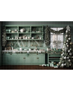 Fabric Photography Background Green Christmas Kitchen / Backdrop 4690