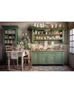 Fabric Photography Background Green Christmas Kitchen / Backdrop 4696