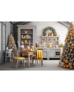 Fabric Photography Background  White and Yellow Christmas Kitchen / Backdrop 4716