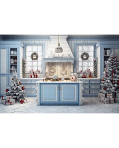 Fabric Photography Background Blue Christmas Kitchen / Backdrop 4719