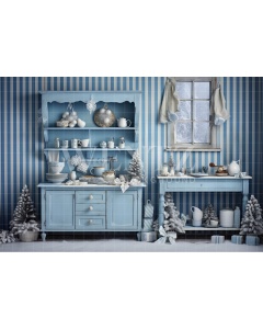 Fabric Photography Background Blue Christmas Kitchen / Backdrop 4720