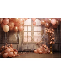 Photographic Background in Fabric Window with Pink Balloons / Backdrop 4918