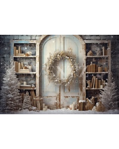 Photographic Background in Fabric Vintage Christmas Front Door / Backdrop 5158