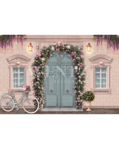 Fabric Photography Background Pink House Facade with Flowers / Backdrop CW131